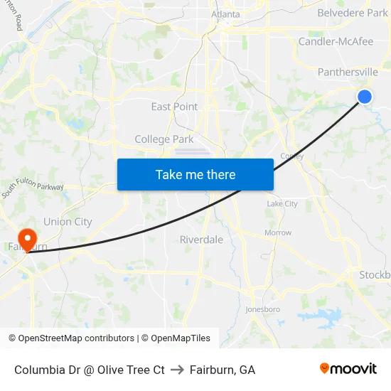 Columbia Dr @ Olive Tree Ct to Fairburn, GA map