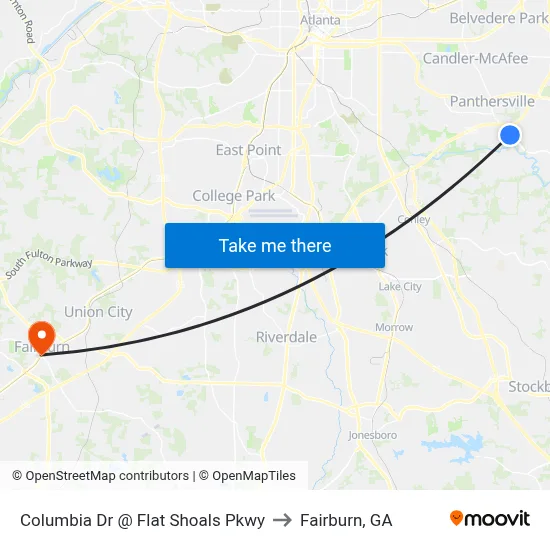 Columbia Dr @ Flat Shoals Pkwy to Fairburn, GA map