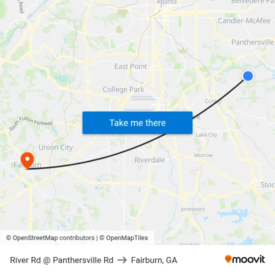 River Rd @ Panthersville Rd to Fairburn, GA map