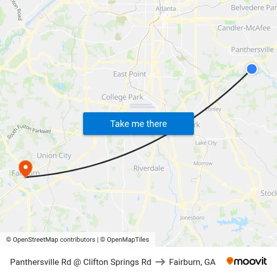 Panthersville Rd @ Clifton Springs Rd to Fairburn, GA map