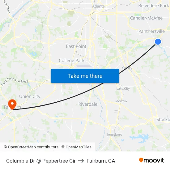 Columbia Dr @ Peppertree Cir to Fairburn, GA map