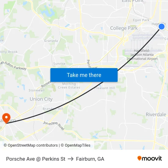 Porsche Ave @ Perkins St to Fairburn, GA map