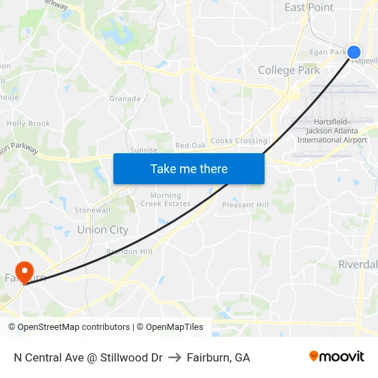 N Central Ave @ Stillwood Dr to Fairburn, GA map