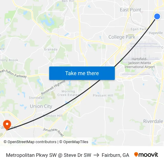 Metropolitan Pkwy SW @ Steve Dr SW to Fairburn, GA map