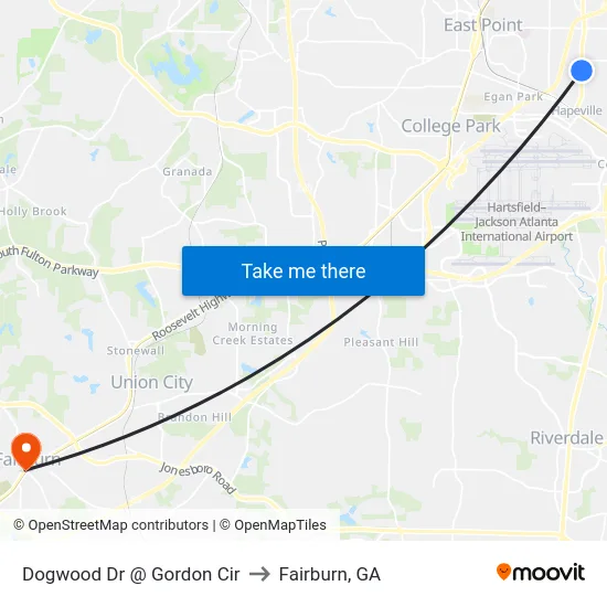 Dogwood Dr @ Gordon Cir to Fairburn, GA map