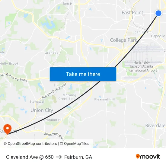 Cleveland Ave @ 650 to Fairburn, GA map
