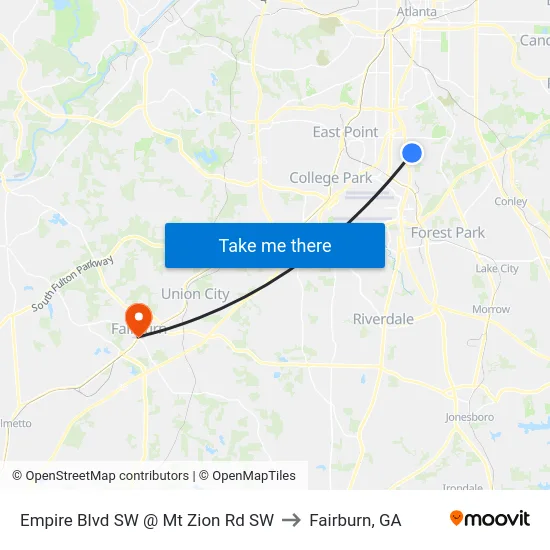 Empire Blvd SW @ Mt Zion Rd SW to Fairburn, GA map