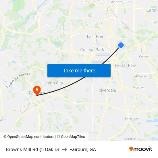 Browns Mill Rd @ Oak Dr to Fairburn, GA map