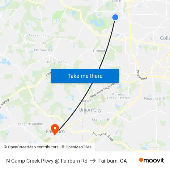 N Camp Creek Pkwy @ Fairburn Rd to Fairburn, GA map