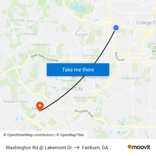 Washington Rd @ Lakemont Dr to Fairburn, GA map