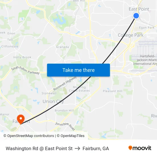Washington Rd @ East Point St to Fairburn, GA map