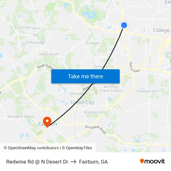 Redwine Rd @ N Desert Dr to Fairburn, GA map