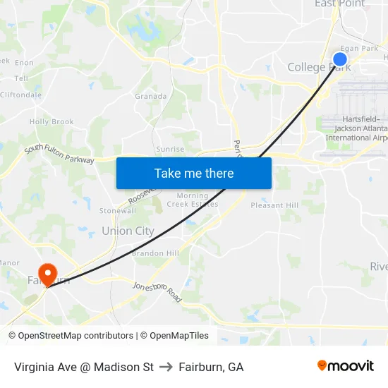Virginia Ave @ Madison St to Fairburn, GA map