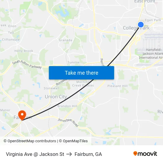 Virginia Ave @ Jackson St to Fairburn, GA map