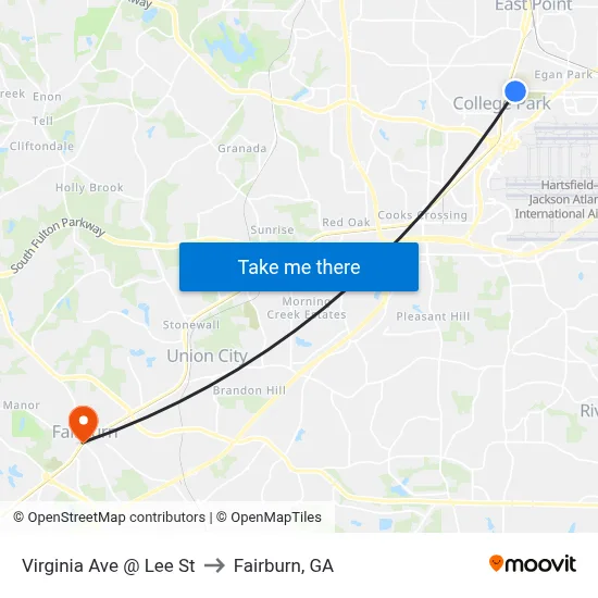 Virginia Ave @ Lee St to Fairburn, GA map