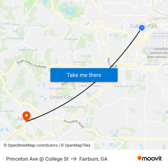 Princeton Ave @ College St to Fairburn, GA map