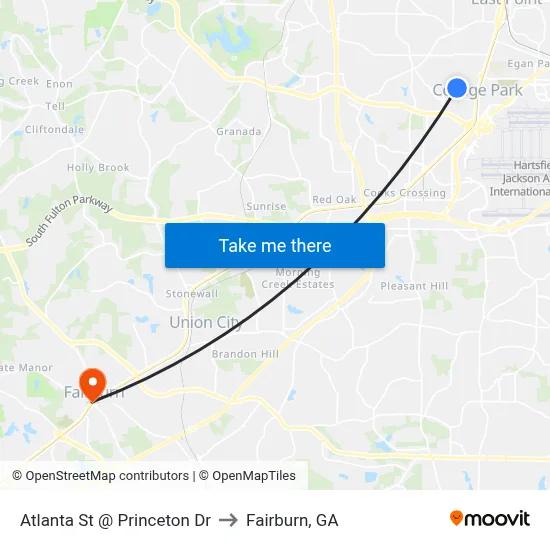 Atlanta St @ Princeton Dr to Fairburn, GA map