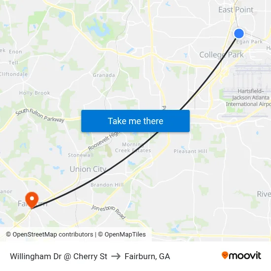 Willingham Dr @ Cherry St to Fairburn, GA map