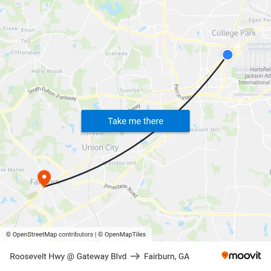 Roosevelt Hwy @ Gateway Blvd to Fairburn, GA map