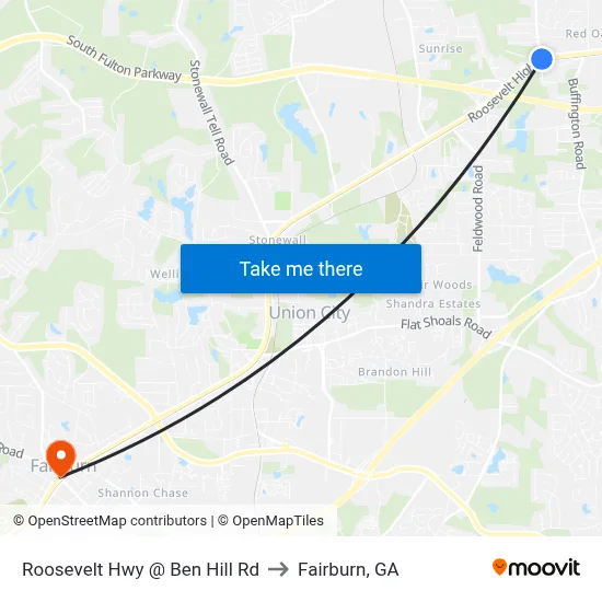 Roosevelt Hwy @ Ben Hill Rd to Fairburn, GA map