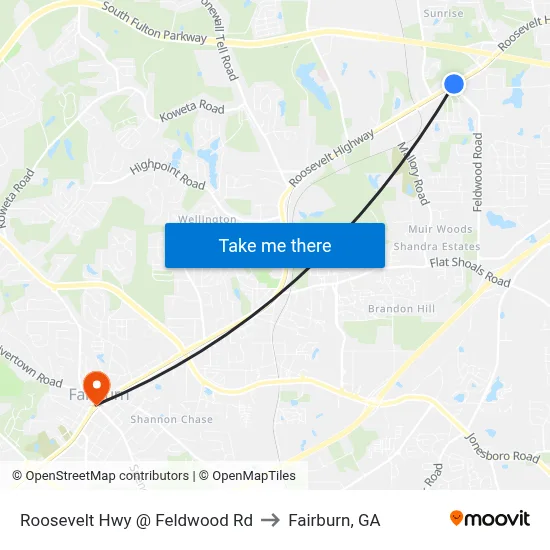 Roosevelt Hwy @ Feldwood Rd to Fairburn, GA map