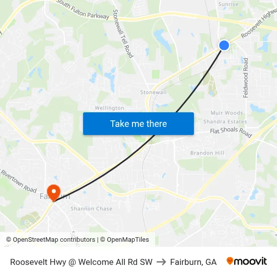 Roosevelt Hwy @ Welcome All Rd SW to Fairburn, GA map
