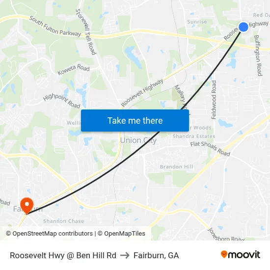 Roosevelt Hwy @ Ben Hill Rd to Fairburn, GA map