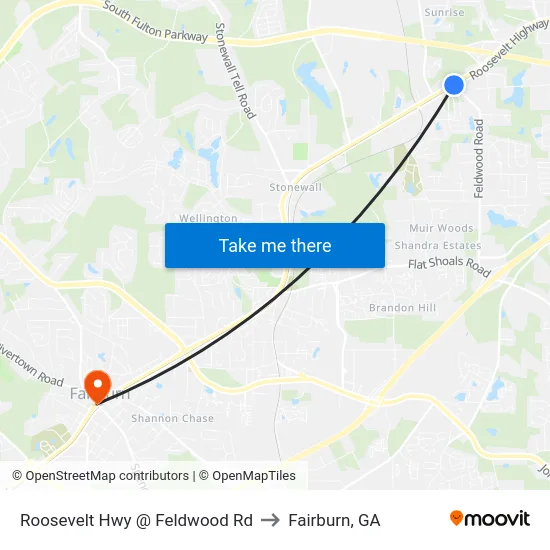 Roosevelt Hwy @ Feldwood Rd to Fairburn, GA map