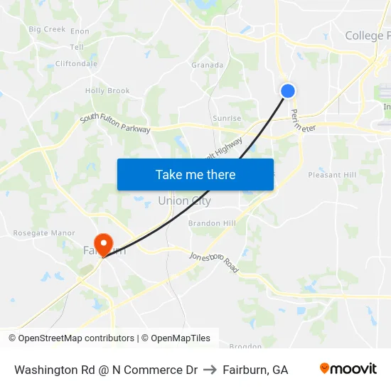 Washington Rd @ N Commerce Dr to Fairburn, GA map