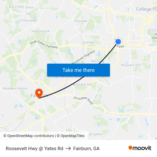 Roosevelt Hwy @ Yates Rd to Fairburn, GA map