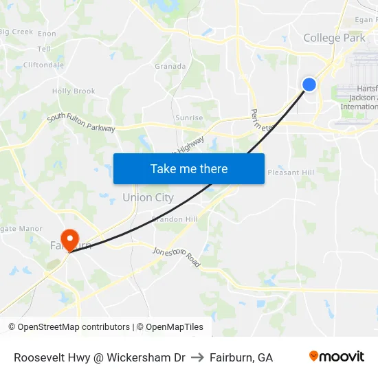 Roosevelt Hwy @ Wickersham Dr to Fairburn, GA map