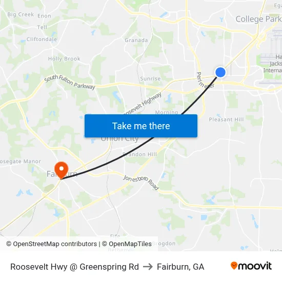 Roosevelt Hwy @ Greenspring Rd to Fairburn, GA map