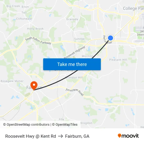 Roosevelt Hwy @ Kent Rd to Fairburn, GA map