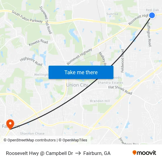 Roosevelt Hwy @ Campbell Dr to Fairburn, GA map