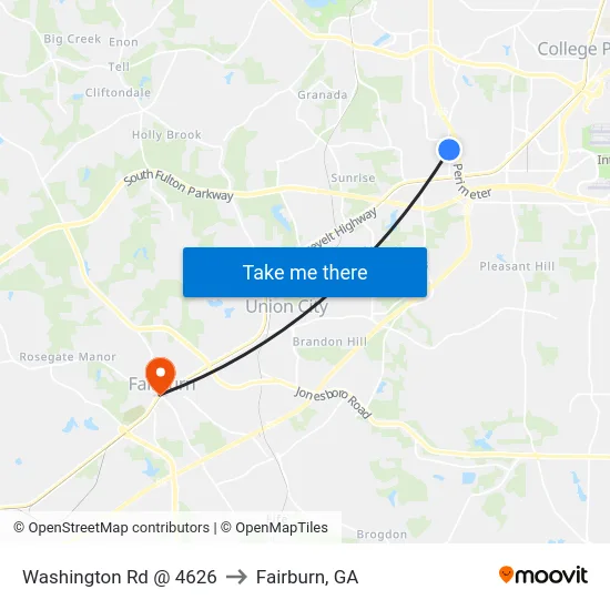 Washington Rd @ 4626 to Fairburn, GA map