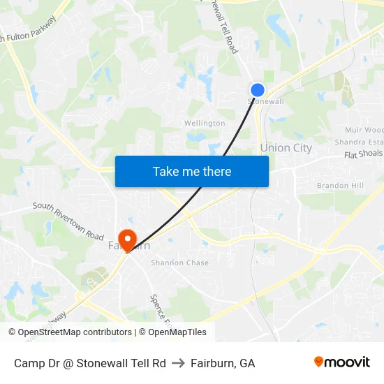 Camp Dr @ Stonewall Tell Rd to Fairburn, GA map