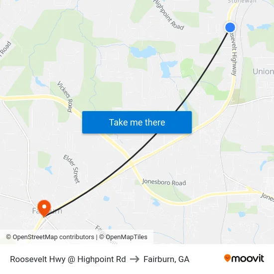 Roosevelt Hwy @ Highpoint Rd to Fairburn, GA map