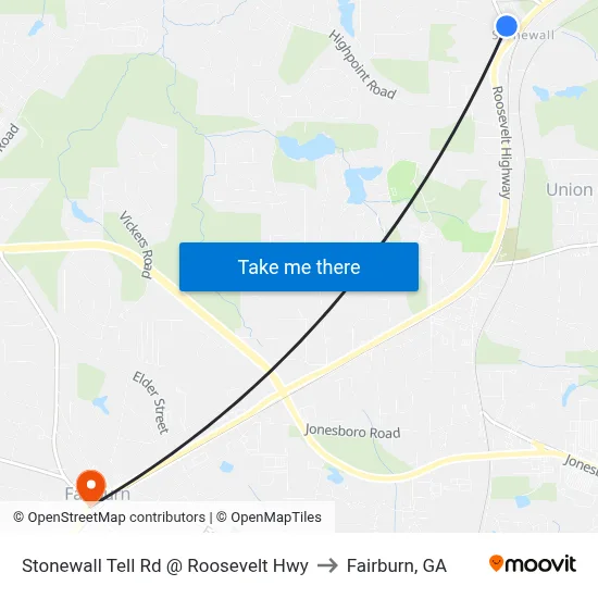 Stonewall Tell Rd @ Roosevelt Hwy to Fairburn, GA map