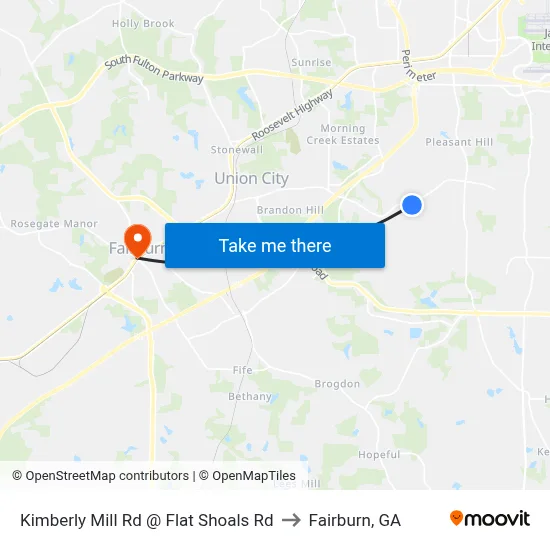 Kimberly Mill Rd @ Flat Shoals Rd to Fairburn, GA map