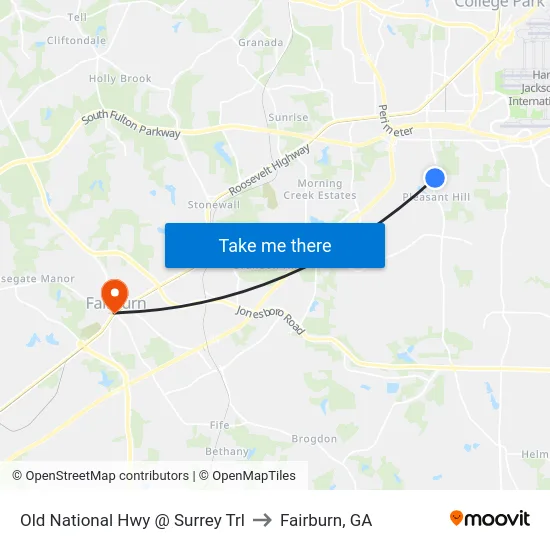 Old National Hwy @ Surrey Trl to Fairburn, GA map