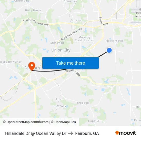 Hillandale Dr @ Ocean Valley Dr to Fairburn, GA map