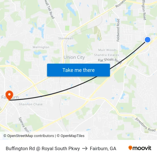 Buffington Rd @ Royal South Pkwy to Fairburn, GA map