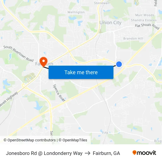 Jonesboro Rd @ Londonderry Way to Fairburn, GA map