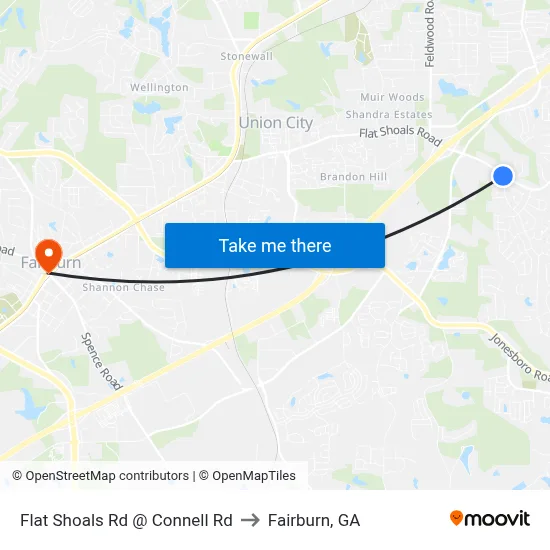 Flat Shoals Rd @ Connell Rd to Fairburn, GA map