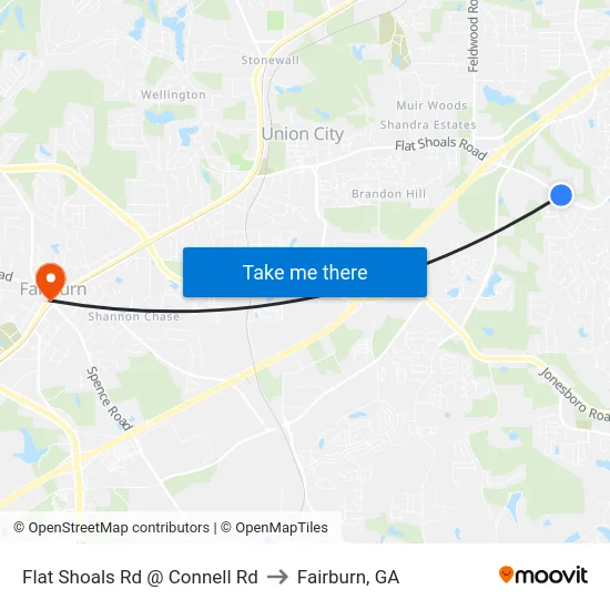 Flat Shoals Rd @ Connell Rd to Fairburn, GA map