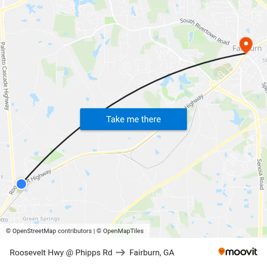 Roosevelt Hwy @ Phipps Rd to Fairburn, GA map