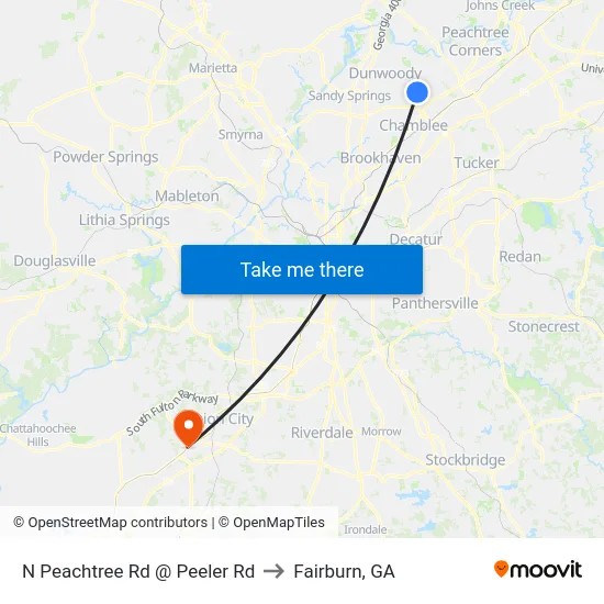 N Peachtree Rd @ Peeler Rd to Fairburn, GA map