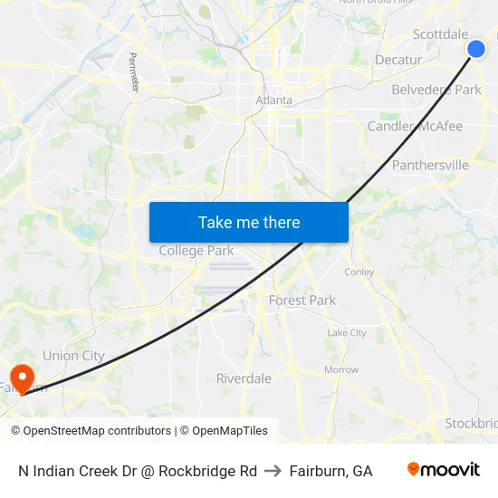 N Indian Creek Dr @ Rockbridge Rd to Fairburn, GA map