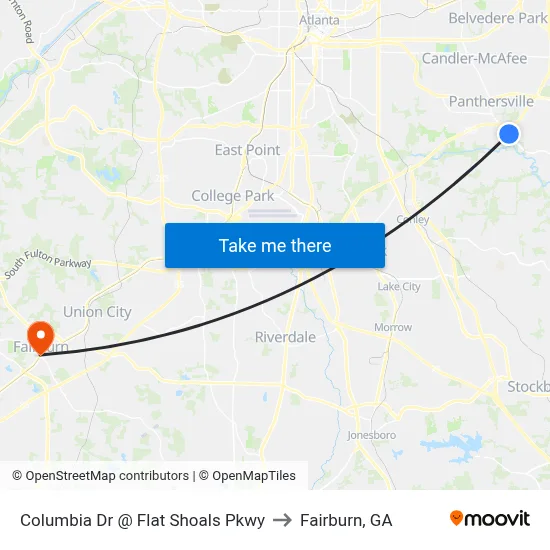 Columbia Dr @ Flat Shoals Pkwy to Fairburn, GA map