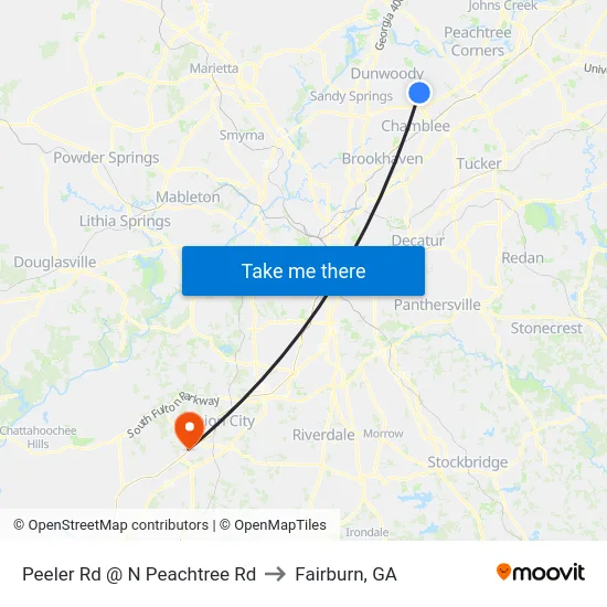 Peeler Rd @ N Peachtree Rd to Fairburn, GA map